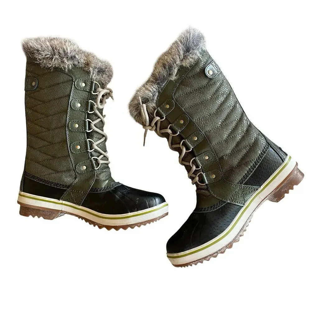 SOREL Size 4/EU 35 Green Lace-Up Faux Fur Waterproof Duck Boots Youth LY1890-213